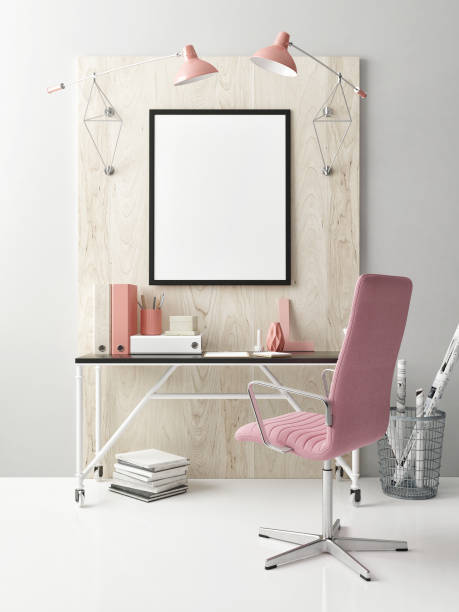 istock Mock up poster in work space background, pink color 1200812254