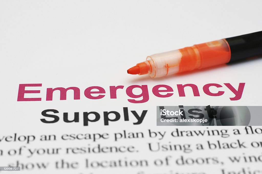 Emergency supply list Close up of marker on emergency supply list Accidents and Disasters Stock Photo