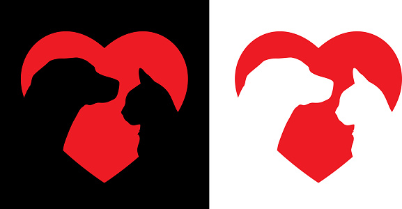 Vector illustration of a dog and cat silhouette profile on a red heart.