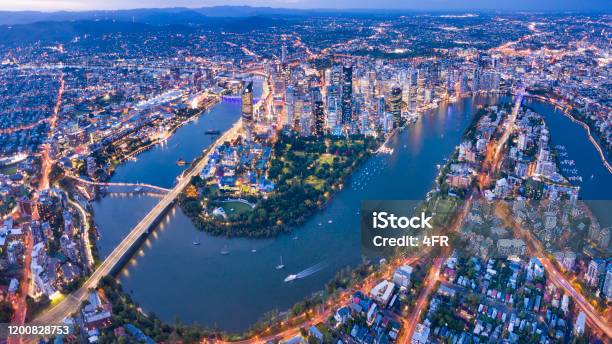 Brisbane Skyline Night Panorama Australia Stock Photo - Download Image Now - Brisbane, City, Australia