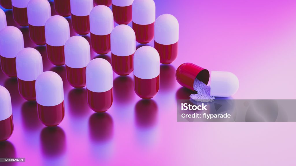 Ilustración 3d de cápsulas médicas sobre fondo rosa - Foto de stock de Cápsula libre de derechos