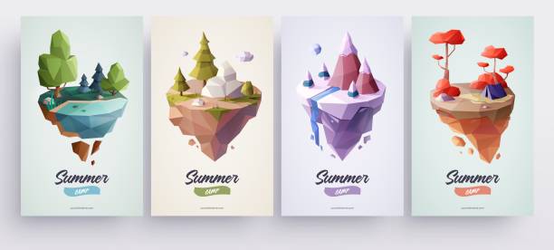 Low polygonal geometric nature islands. Vector Illustration, low poly style. Background design for banner, poster, flyer, cover, brochure. Low polygonal geometric nature islands. Vector Illustration, low poly style. Background design for banner, poster, flyer, cover, brochure. tree illustration and painting art cartoon stock illustrations