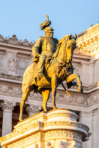 Equestrian statue of Vittorio Emanuele II - Monument Vittoriano or Altare della Patria. Rome, Italy. Morning sunrise time.