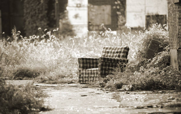 A comfy chair left in an abandoned lot in the inner city.