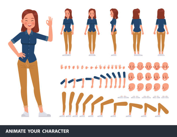 ilustraciones, imágenes clip art, dibujos animados e iconos de stock de mujer usar jeans azules camisa carácter diseño vectorial. crea tu propia pose. - personaje