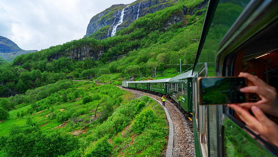 Flam, Norway - June 3, 2019: Flamsbana train carriage, the famous scenic train line in Norway going from Myrdal to Flam