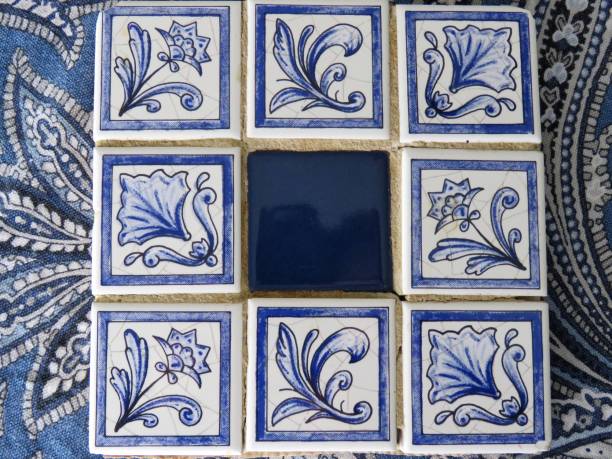 istock blue and white ceramic tile mosaic, background, copy space 1200840325