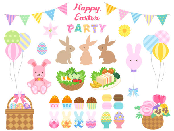 Easter party icons illustration set This is a set of fun Easter party illustrations. easter easter egg eggs basket stock illustrations