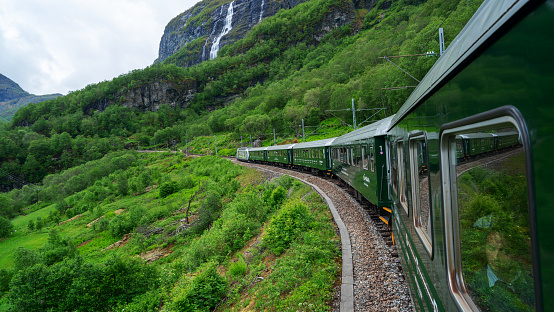 Flam, Norway - June 3, 2019: Flamsbana train carriage, the famous scenic train line in Norway going from Myrdal to Flam
