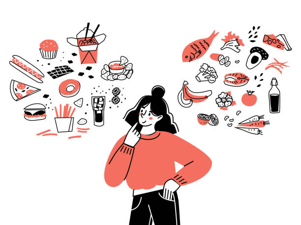 ilustraciones, imágenes clip art, dibujos animados e iconos de stock de el personaje femenino elige entre alimentos saludables y poco saludables. comparación de comida rápida y menú equilibrado. el concepto de una dieta saludable. - comida sana ilustraciones