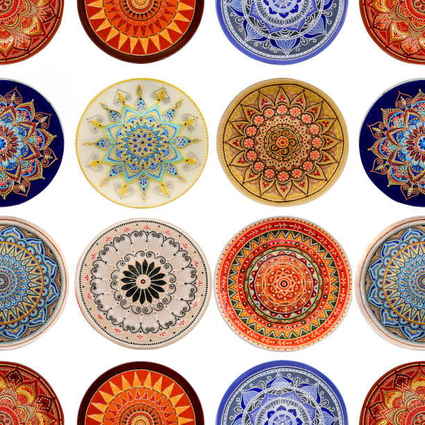 istock Seamless background from a set of decorative ceramic dishes hand-painted with acrylic paints with a floral pattern 1200860608