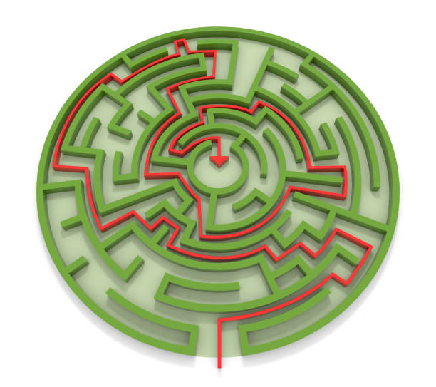 istock Arrow towards goal. Round maze. Green wall. 3D rendering. 1200862734