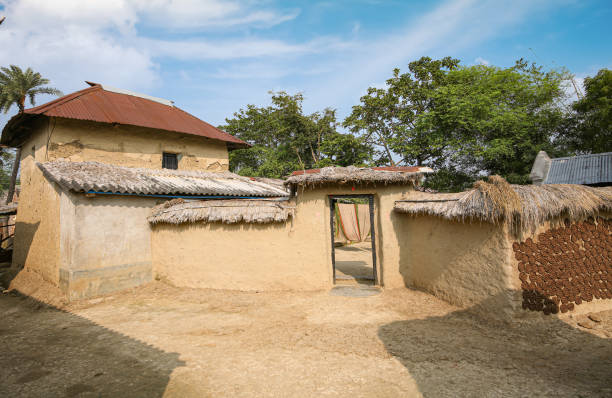 Rural Indian village with view of mud hut and thatched roof Tribal Indian village at Bolpur West Bengal with view of mud hut and unpaved road mud hen stock pictures, royalty-free photos & images