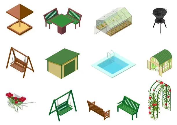 Vector illustration of Garden architecture objects 3d isometric illustration. Sandbox, table, chair, swing, trolley, greenhouse, flowers, bench, pool, barbecue and flowerbed roses