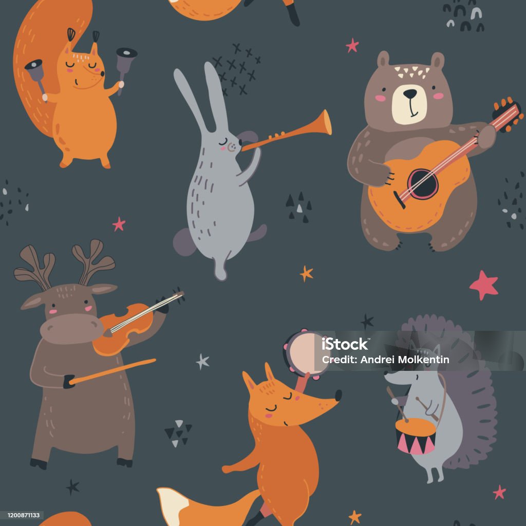 Craftable Instruments Animals Vector Seamless Pattern With Hand Drawn Wild Forest Animals With ...