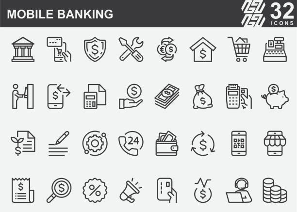 mobile banking line icons - elektronisches banking stock-grafiken, -clipart, -cartoons und -symbole