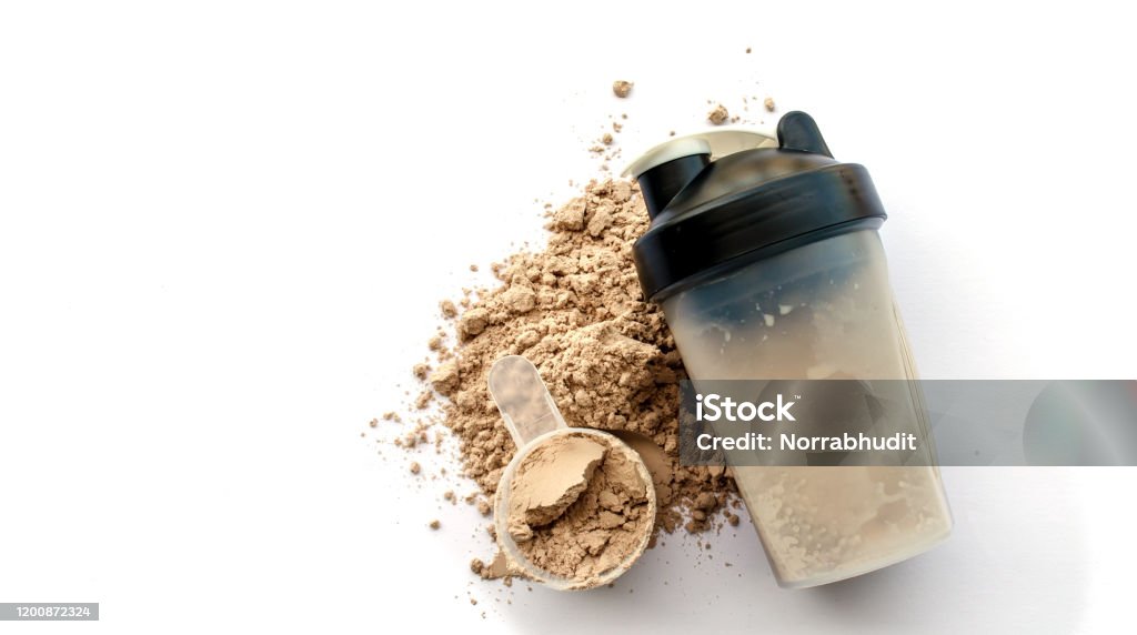 Whey Protein Whey protein powder with shaker for mixing Protein Stock Photo