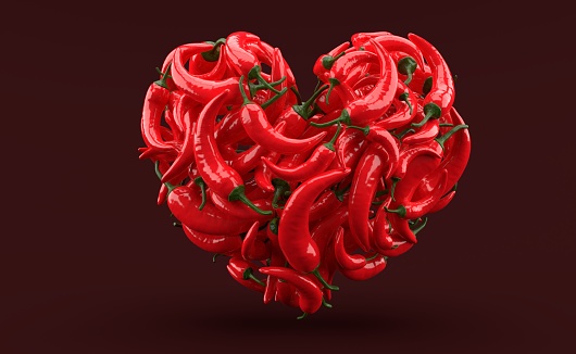 Hot chili pepper in heart shape isolated on red background. 3d illustration