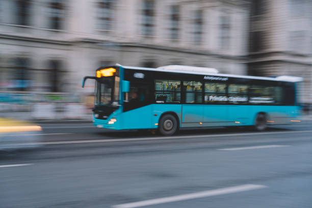 Bucharest, Romania - Dec 14, 2019: Single decker public STB bus at the University Square during rush hour in central Bucharest/ Bucurest, Romania.