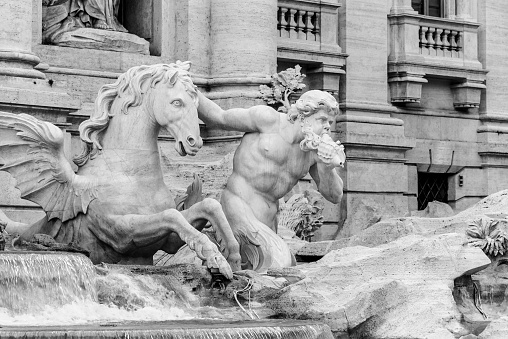 White marble statue of Triton with docile horse, part of Trevi Fountain, Rome, Italy. Black and white image.