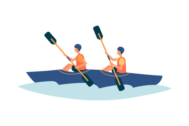 два человека каякинг в реке - плоский изолированный вектор иллюстрации на белом фоне. - rowing rowboat sport rowing oar stock illustrations