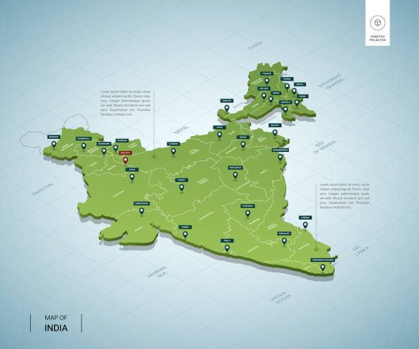 インドの様式化された地図。都市、国境、首都、地域を含む等角投影 3d グリーン マップ。ベクターの図。編集可能なレイヤーは明確にラベル付けされています。英語。 - capital cities点のイラスト素材／クリップアート素材／マンガ素材／アイコン素材