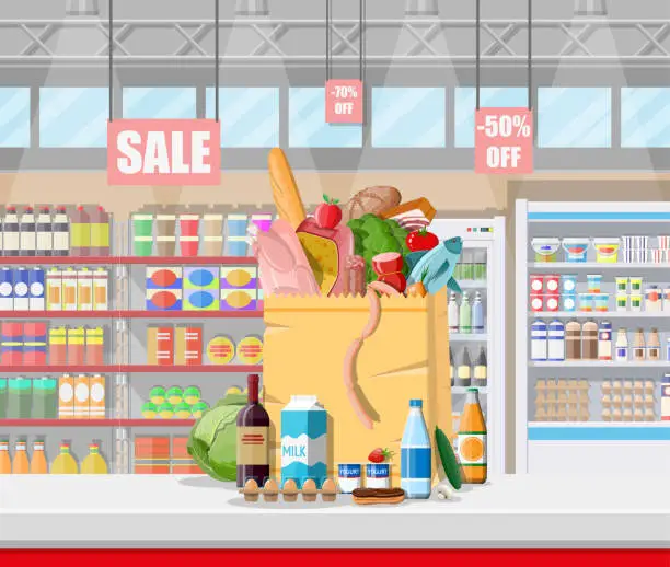 Vector illustration of Supermarket store interior with goods.