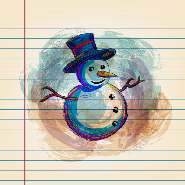 Snowman Drawing on Ruled Paper Drawing of Snowman in watercolour style on ruled paper. Elements are grouped.contains eps10 and high resolution jpeg. Christmas Snowman drawing stock illustrations
