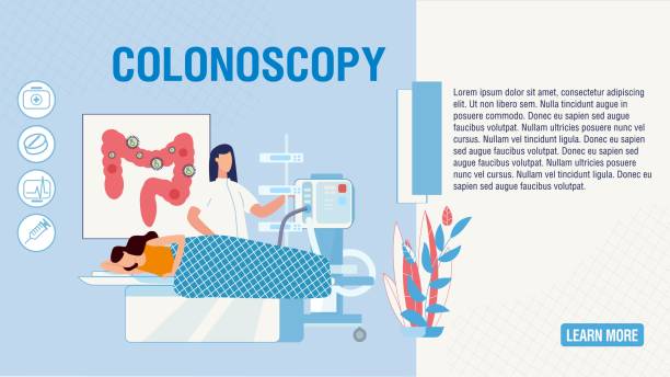 flat landing page bietet koloskopieverfahren an - endoskop stock-grafiken, -clipart, -cartoons und -symbole