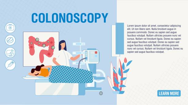 Flat Landing Page Offering Colonoscopy Procedure Flat Landing Page Offering Colonoscopy Procedure. Cartoon Patient and Doctor in clinic Laboratory. Rectum Diseases Screening, Prevention and Treatment at Hospital. Vector Intestine Health Illustration colonoscopy stock illustrations