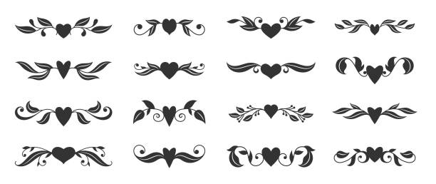 heart floral wing divider love tattoo border Hearts with floral wings set. Valentines day, love, wedding, romantic symbol. Tattoo design, glyph style. Text dividers, fancy decor border with tribal heart and decorative branch. Vector illustration black and white heart stock illustrations