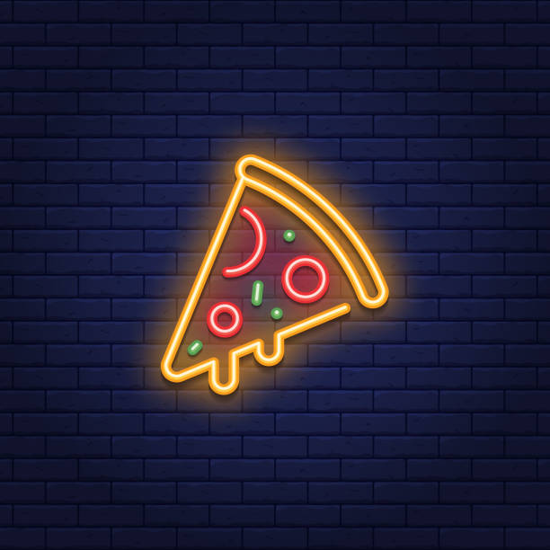 neon pizza scheibe icon logo - fotolächeln stock-grafiken, -clipart, -cartoons und -symbole