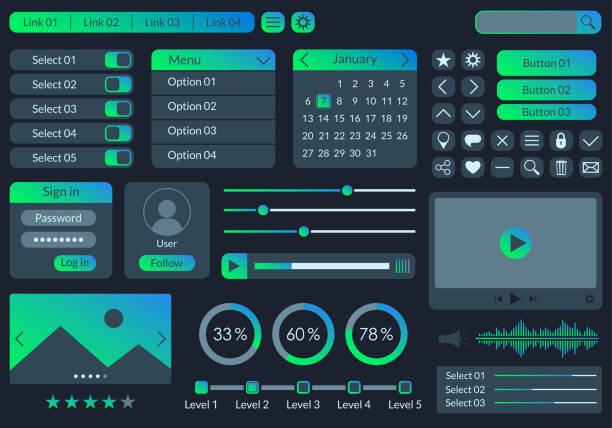 ilustrações de stock, clip art, desenhos animados e ícones de ui kit design for app, web and mobile. website interface template with buttons, icons, menu forms. vector illustration. - 7070