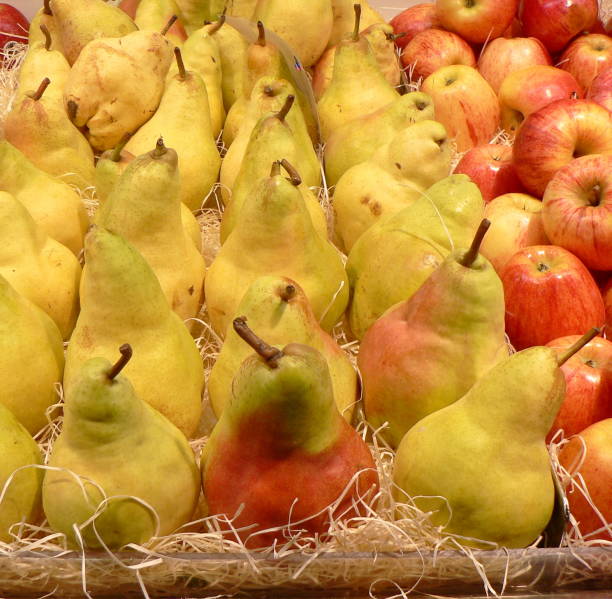 frische birnen und äpfel auf dem bauernmarkt. vitamin gesunde ernährung bild. frisches bio-obst und -gemüse aus spanien. - grape red grape red farmers market stock-fotos und bilder