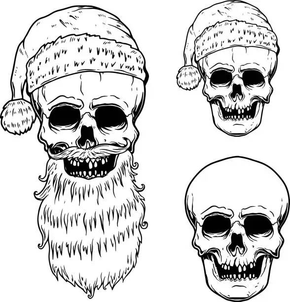 Vector illustration of Set of illustrations of Santa Claus skull. Design element for poster, card, banner, flyer. Vector illustration