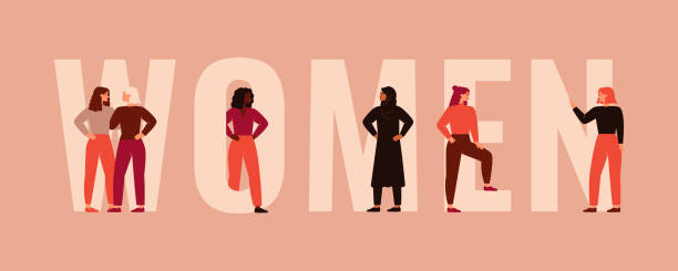 Strong women and girls different nationalities and cultures stand together near the big letters of the word Women Strong women and girls different nationalities and cultures stand together near the big letters of the word Women. Female friendship, union of feminists or sisterhood. Colorful vector illustration. equality illustrations stock illustrations