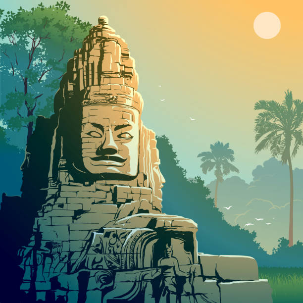 ilustrações de stock, clip art, desenhos animados e ícones de buddha temple in angkor wat, cambodia. vintage travel background. - angkor wat