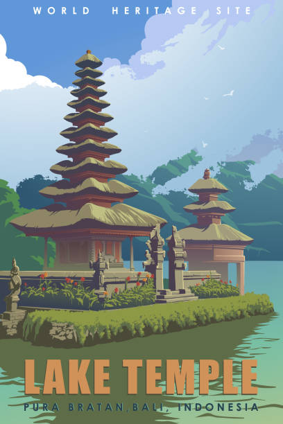 ilustraciones, imágenes clip art, dibujos animados e iconos de stock de pura ulun danu bratan, o templo del lago de bali dedicado a la diosa del río dewi danu. cartel de viaje vintage. - bali indonesia temple travel