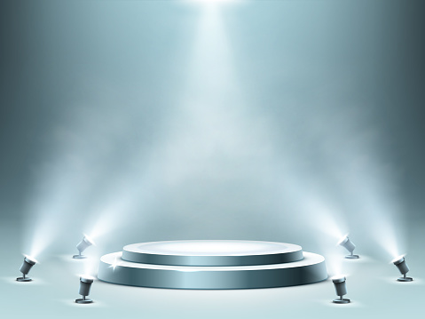 Round podium with smoke effect and spotlight illumination, empty stage for award ceremony, product presentation or fashion show performance, pedestal in nightclub. Realistic 3d vector illustration