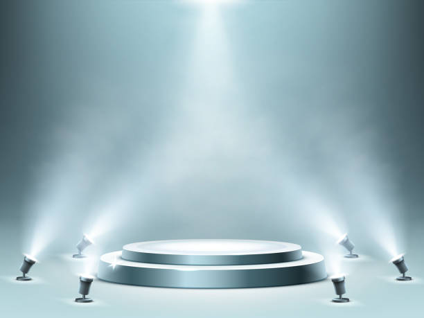 Round podium with smoke effect and spotlights Round podium with smoke effect and spotlight illumination, empty stage for award ceremony, product presentation or fashion show performance, pedestal in nightclub. Realistic 3d vector illustration premiere event stock illustrations