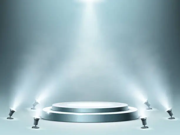 Vector illustration of Round podium with smoke effect and spotlights