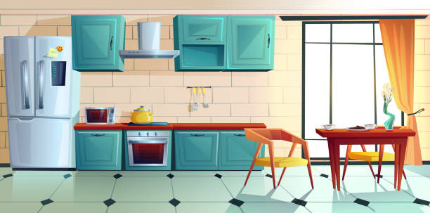 illustrazioni stock, clip art, cartoni animati e icone di tendenza di cucina casalinga, interni vuoti con elettrodomestici. - kitchen table