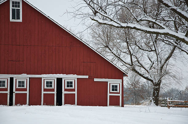 istock Red Barn and Trees in the Snow 120089543