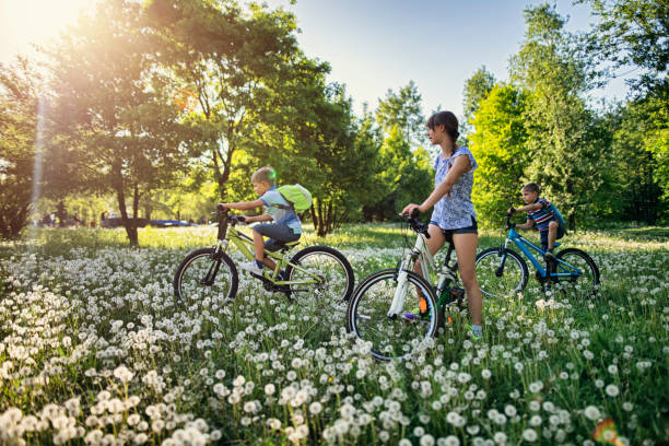 istock Children riding bicycles in dandelion field 1200896822