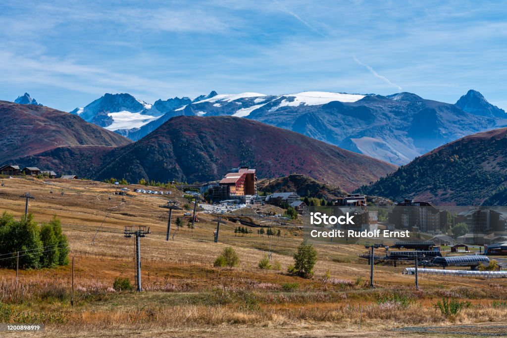 View of the mountains around Alpe d'Huez in the french Alps, France View of the mountains around Alpe d'Huez in the french Alps, France Europe Alpine climate Stock Photo