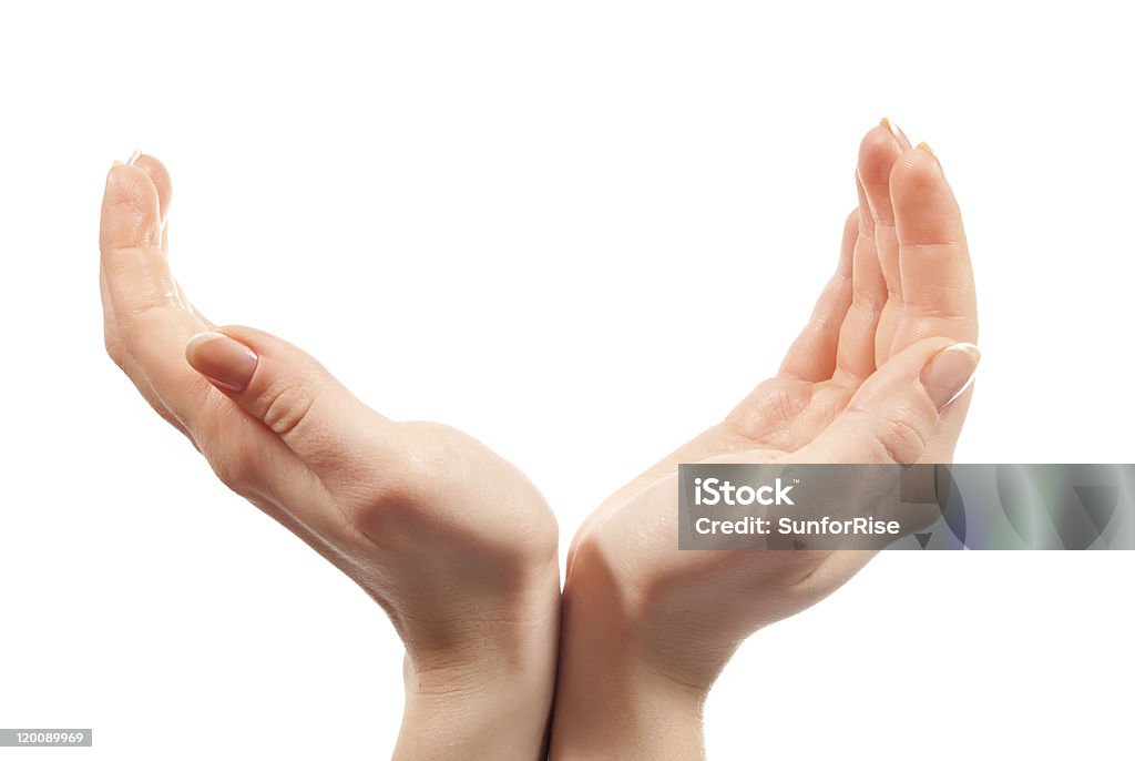 Opened hands Closeup female opened hands isolated on white background Adult Stock Photo