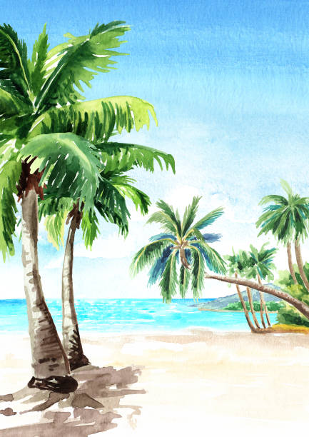 istock Seascape.Tropical beach with  sea, sky, white sand and palm trees, summer vacation concept and vertical background. Hand drawn watercolor illustration 1200900347