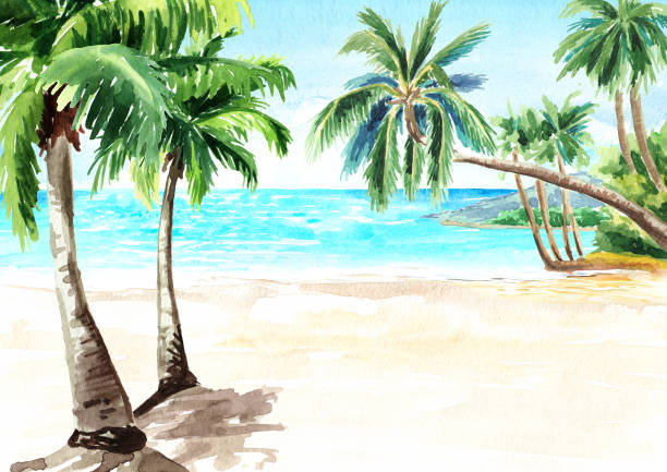 istock Seascape.Tropical beach with  sea, sky, white sand and palm trees, summer vacation concept and background. Hand drawn watercolor illustration 1200900397
