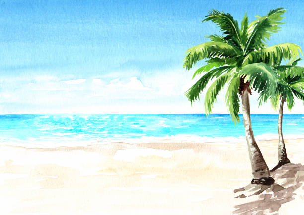 istock Seascape.Tropical beach with sea, white sand and palm trees, summer vacation concept and background. Hand drawn watercolor illustration 1200900424