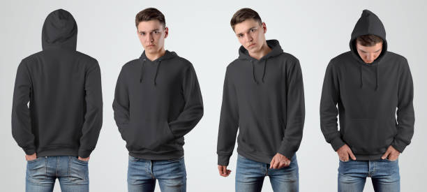 Mockup black blank hoodie on a young guy for design presentation. Mockup black blank hoodie on a young guy for design presentation. Set with front and rear views. Template of men's casual clothes for advertising in the online store. sweatshirt stock pictures, royalty-free photos & images